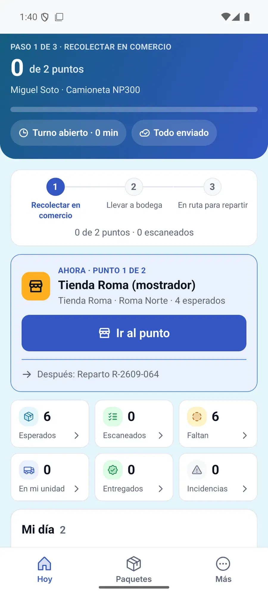 Paso 1 de 3 en la app: el siguiente punto de colecta, cuántos paquetes esperan y el botón para ir.