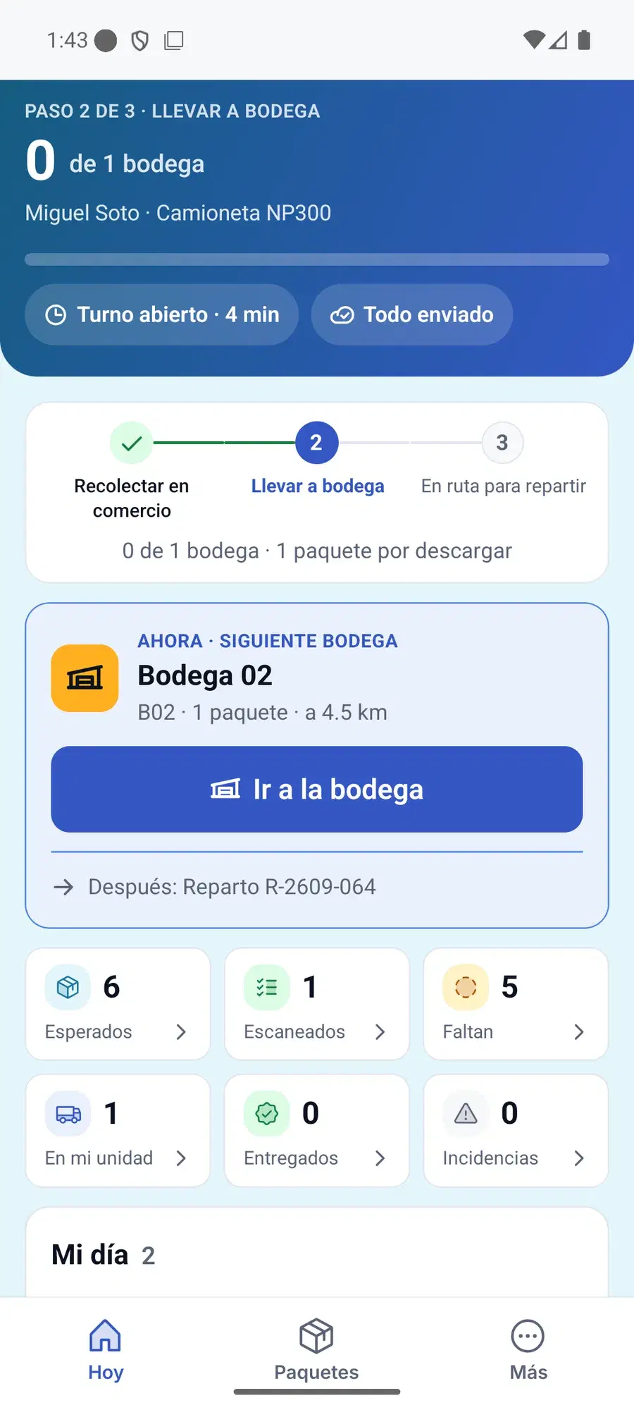 Paso 2 de 3: llevar la carga a su bodega, con la distancia y cuántos paquetes van ahí.