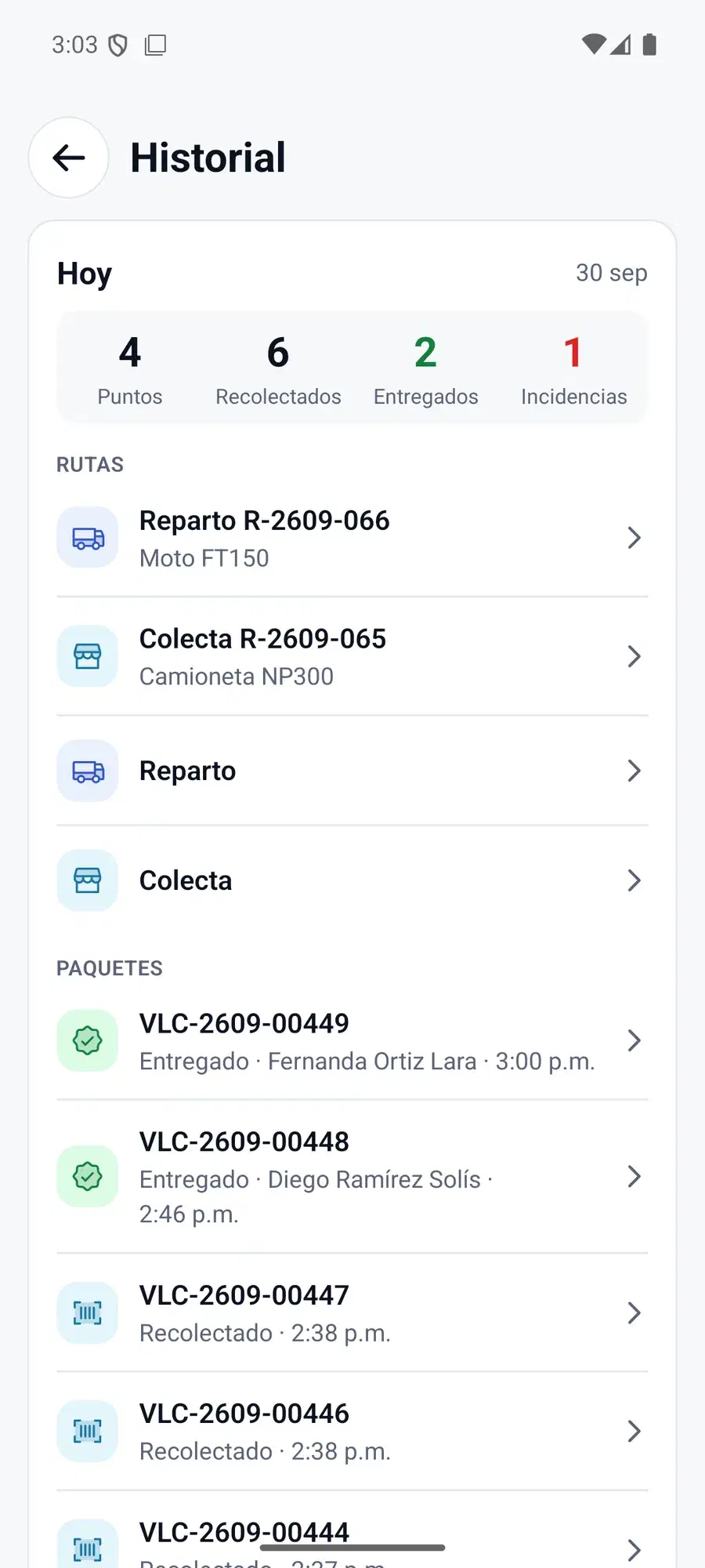 The day's history in the app: points, pickups, deliveries and incidents, route by route.