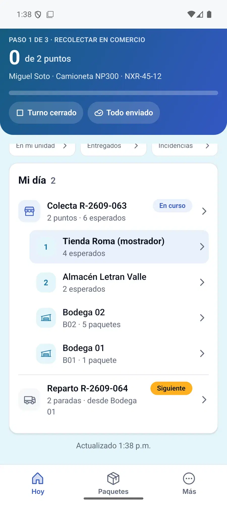 Velocitti's driver app on a phone: the day's pickup and delivery route