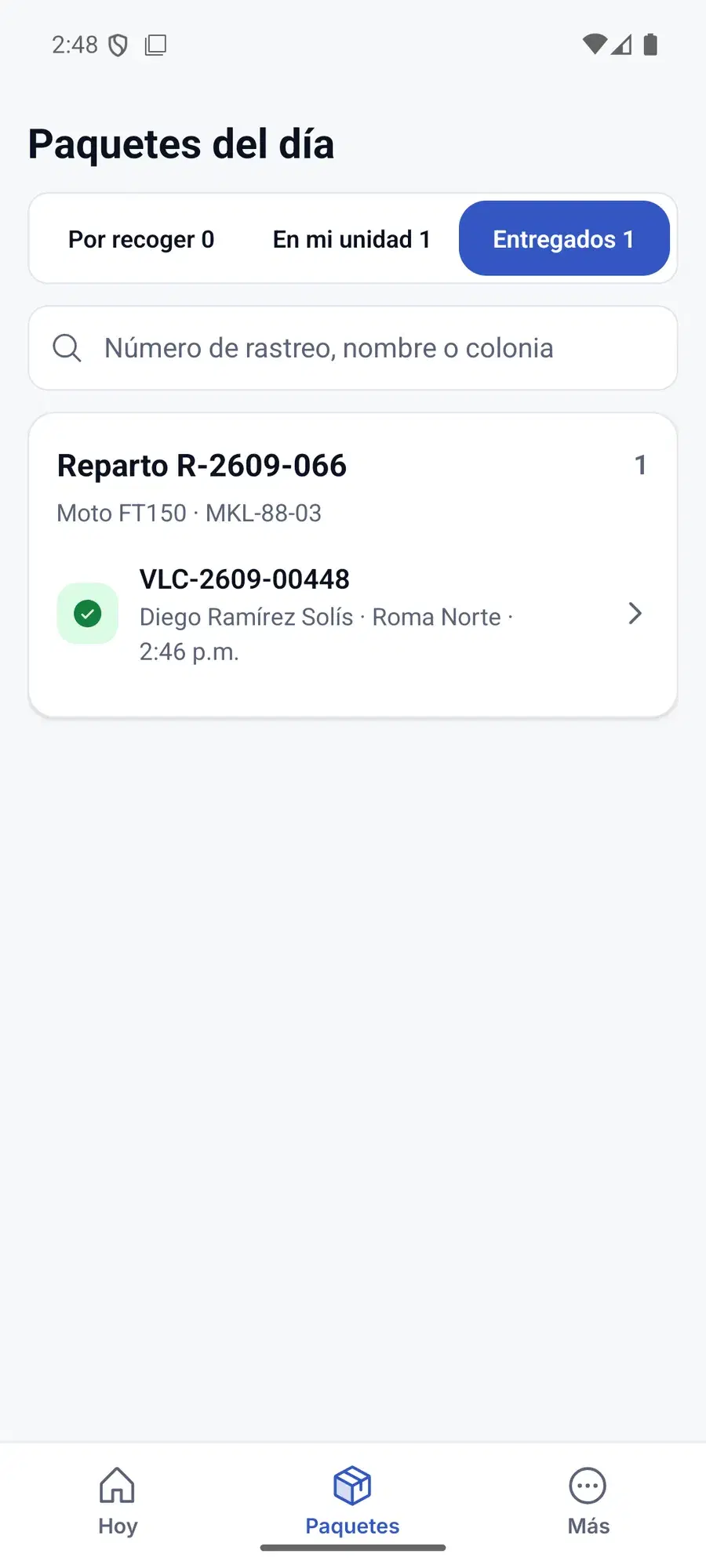 The day's packages in the app: to pick up, in my unit and delivered, with who received each one and when.