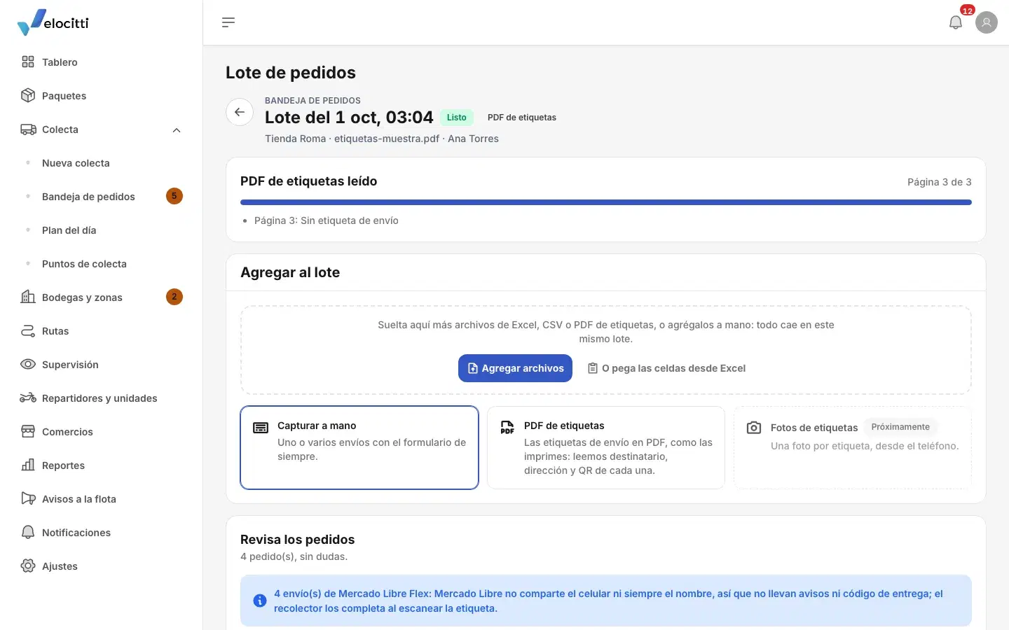 A batch in the order inbox: a label PDF read page by page, with its orders ready to review.