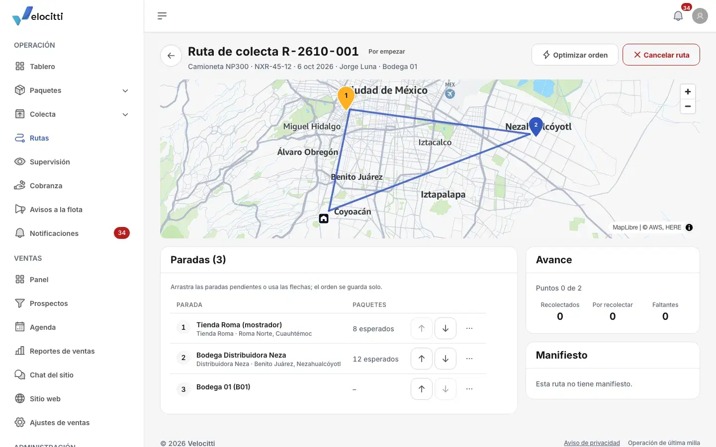 Velocitti's office console: a pickup route on the map of Mexico City, with its stops and its progress.