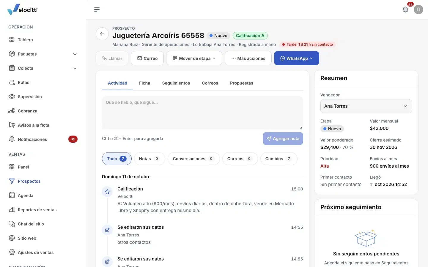 A prospect in the sales CRM: stage, AI rating, assigned seller, value and the activity history.