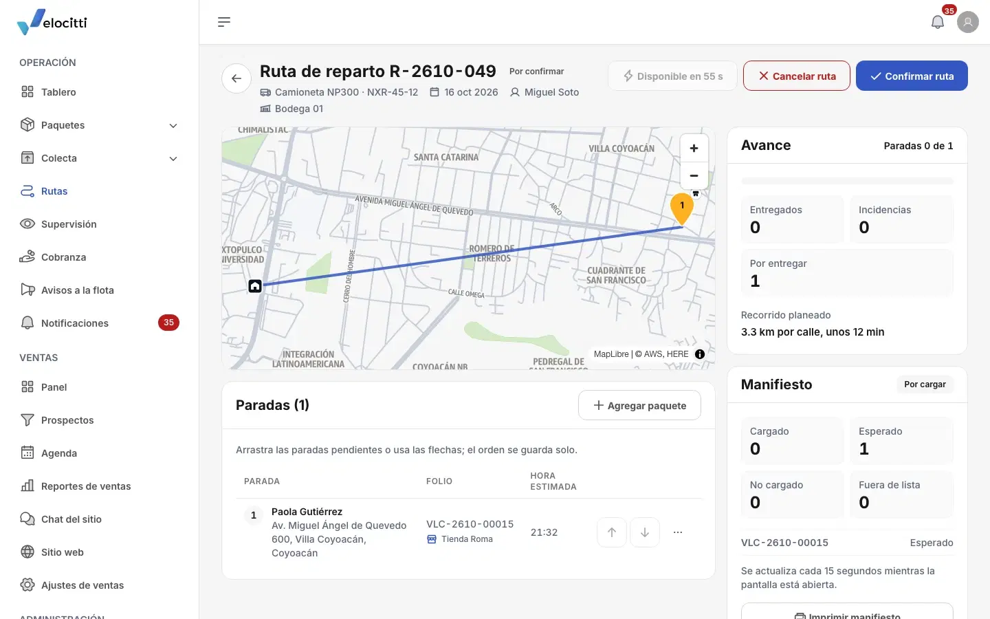 Velocitti's console: a delivery route on the map with its stops and progress