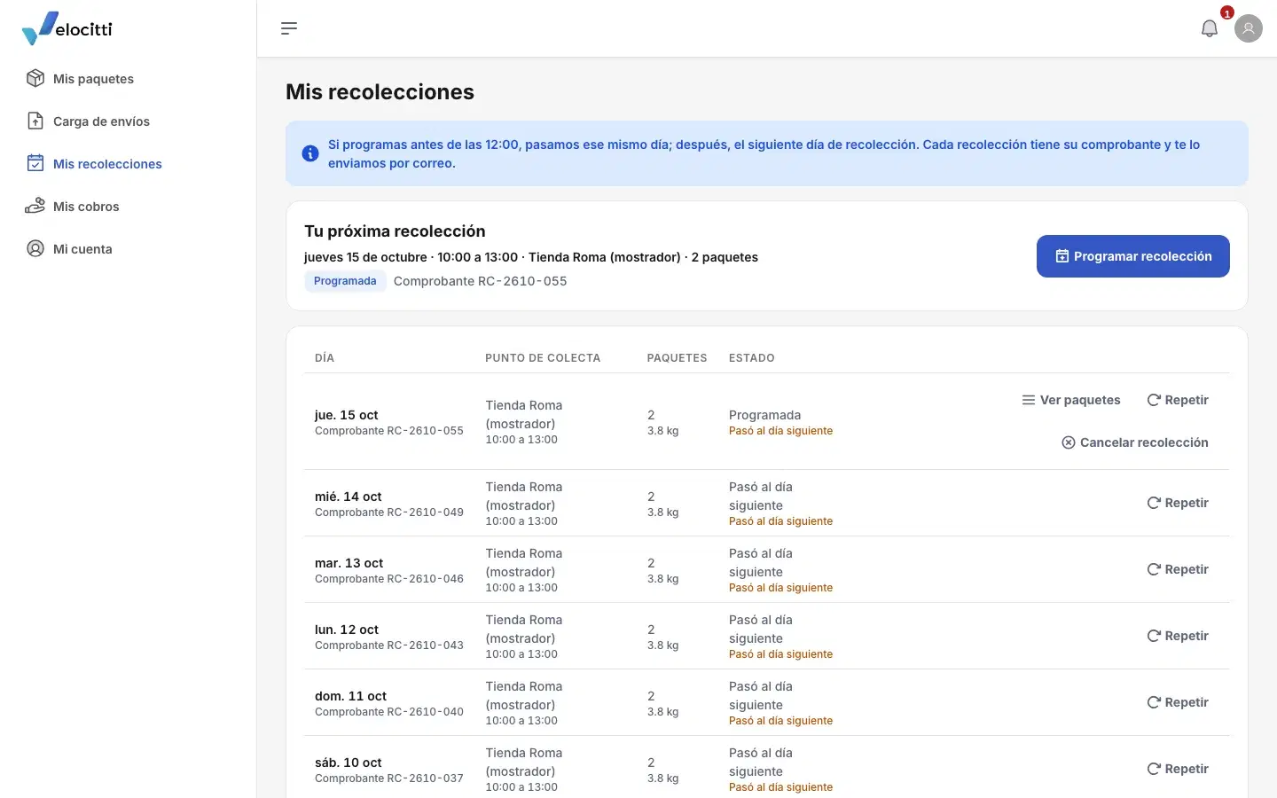 El portal del comercio: la próxima recolección programada y el historial de las anteriores, con sus paquetes y su estado.